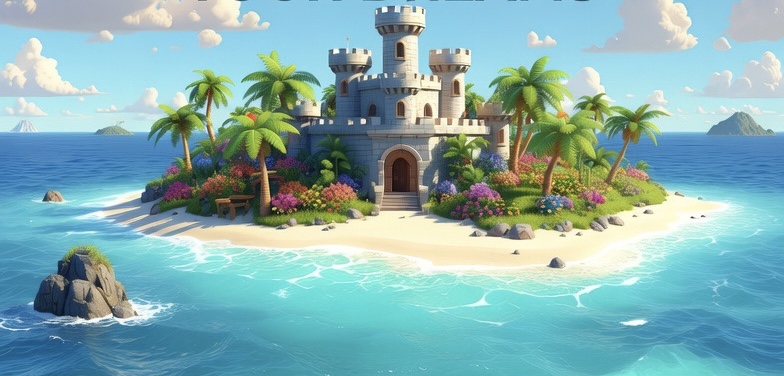 A bright tropical island with palm trees and a cartoon castle surrounded by turquoise sea